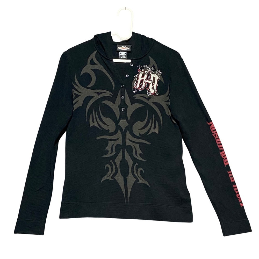2009 Harley Davidson Women's L Black Graphic Hoodie Rivets Thermal LS Henley - Picture 2 of 13